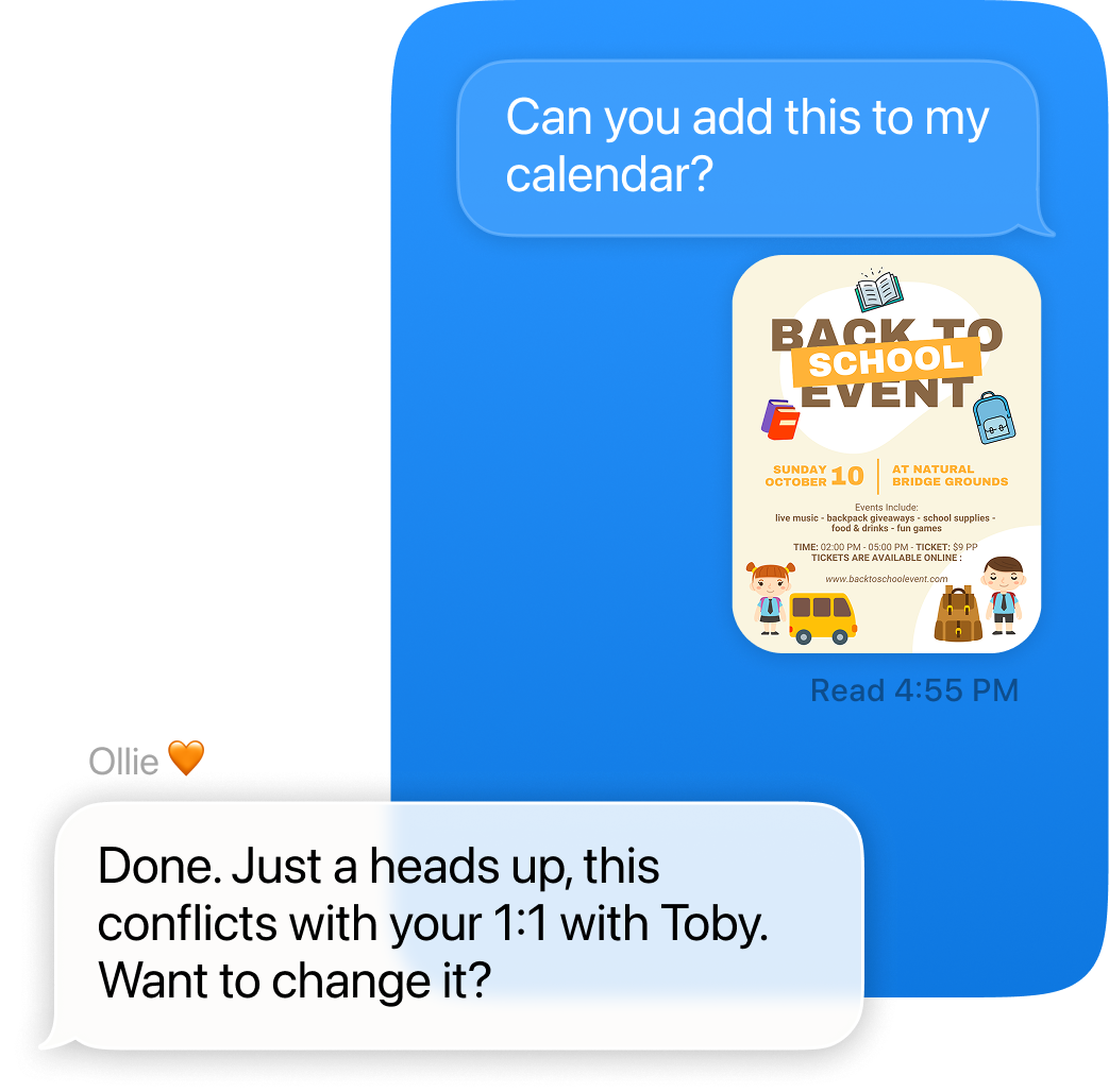 Ollie proactively catches a calendar conflict